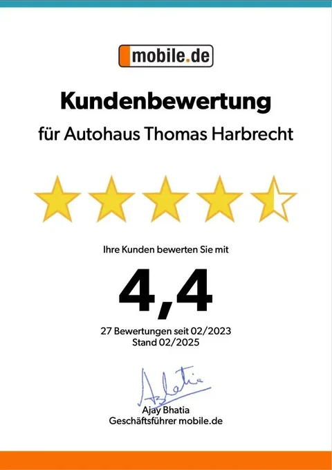 mobile.de Kundenbewertung 4,4 von 5 Sternen für Autohaus Thomas Harbrecht