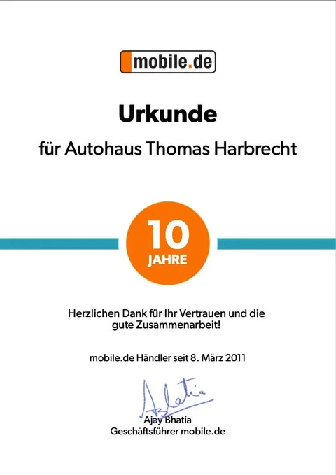 mobile.de Urkunde: 10 Jahre Händler für Autohaus Thomas Harbrecht